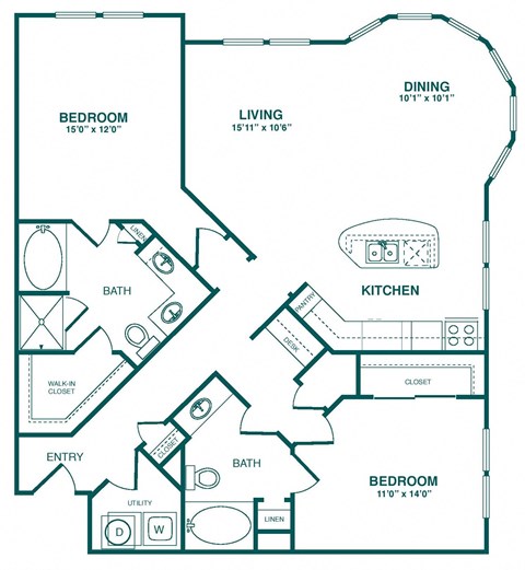 Floor plan for 2 beds, 2 baths, 1361 sqft